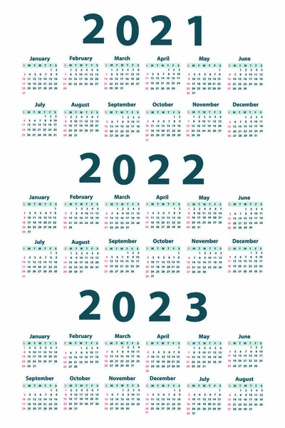 Календарь 2021 2022 2023 Начиная Воскресенья Векторная Иллюстрация — стоковый вектор
