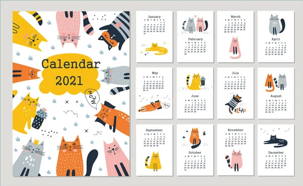 2021年日历与可爱的猫 手绘矢量图解 — 图库矢量图片