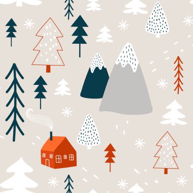 Noel ağacı ve evle kış deseni. Vektör illüstrasyonları