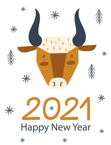 Happy New Yea 2021 Card Cute Bull Vector Illustration — Stock Vector