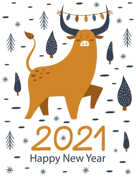 Happy New Yea 2021 Card Cute Bull Vector Illustration — Stock Vector