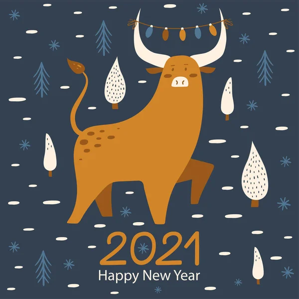 Happy New Yea 2021 Card Cute Bull Vector — Stock Vector
