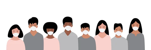 Banner Mit Einer Gruppe Von Menschen Medizinischen Schutzmasken Krankheiten Vorzubeugen — Stockvektor