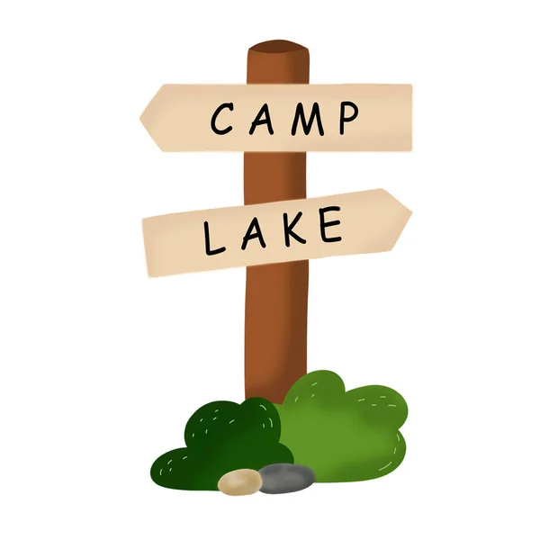 호수와 캠프가 어디에 있는지 표지판 포스터에 여행로고 — 스톡 사진
