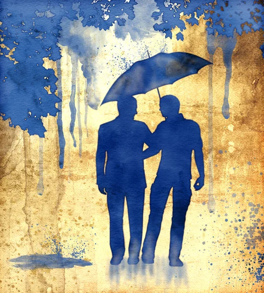 Two Lovers Walk Rainy Daywatercolor Composition — Stock Vector