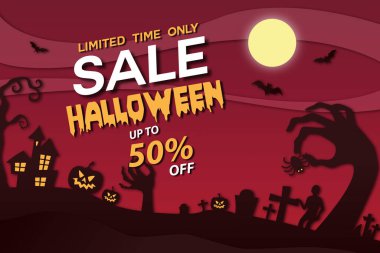 Örümcekli Cadılar Bayramı indirimli vektör illüstrasyonları ve ahşap dokuda tatil unsurları. Teklif için tasarım, kupon, afiş