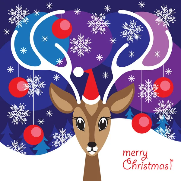 Schattige Kaart Met Een Schattig Hert Vrolijk Kerstfeest Hertengewei Versierd — Stockvector
