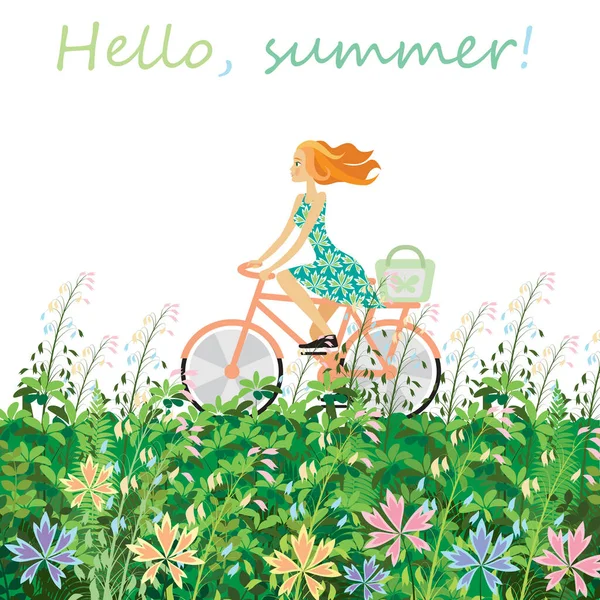 Lindo Verano Ilustración Una Joven Hermosa Chica Una Bicicleta Paseos — Vector de stock
