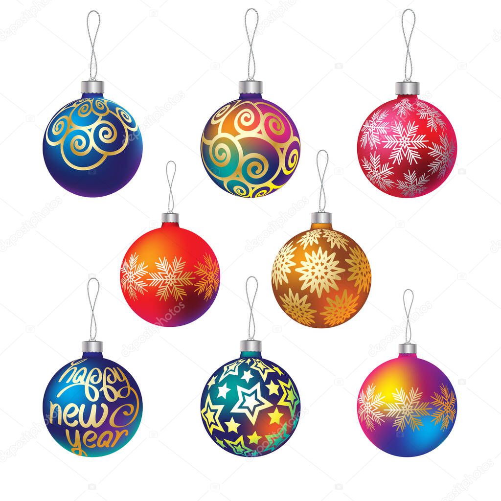 set of Christmas balls with gold and silver patterns. eight pieces. realistic image