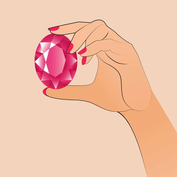 Woman Hand Holds Huge Red Oval Gemstone Stone Ruby Pink — Stock Vector