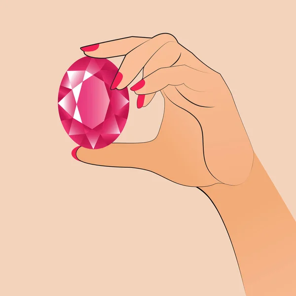 Bir kadının eli kocaman kırmızı bir oval değerli taşı tutar. Taş yakut gibi, pembe bir safir gibi.. 