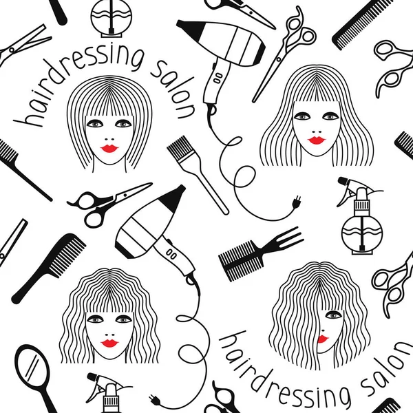 Seamless Linear Pattern Women Hairstyles Barber Tools Inscription Hair Salon — Stock Vector