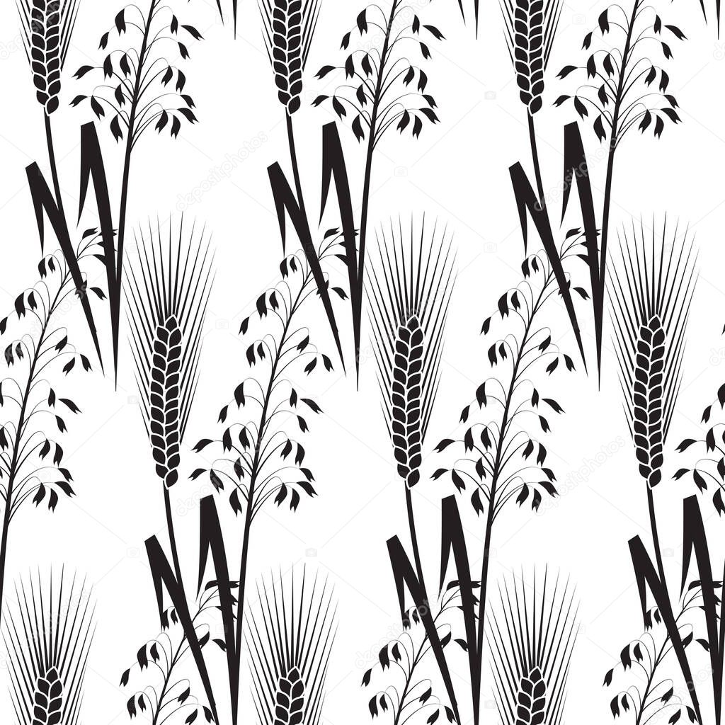 seamless pattern of ears of wheat and oats. black and white drawing. stock vector illustration. EPS 10.