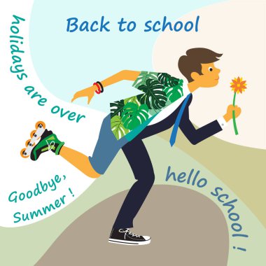 funny illustration. the holidays are over and the school year begins. the boy runs to school. clipart