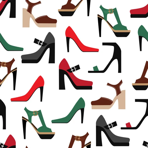 Beyaz Arka Planda Çok Renkli Kadınların Yüksek Topuklu Ayakkabılarının Kusursuz — Stok Vektör