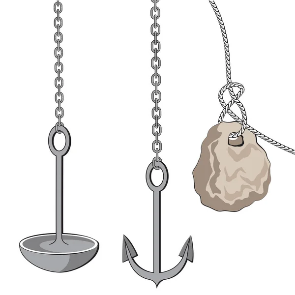 锚分为三类 带绳索的石锚 带链条的金属锚 — 图库矢量图片