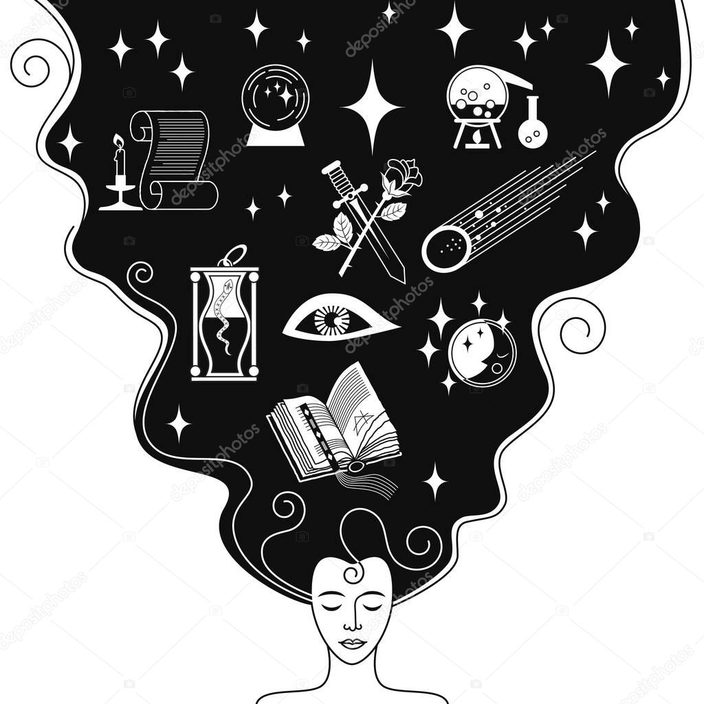 black and white linear drawing on a magic theme. a young woman dreams of mystical signs. stock vector illustration. EPS 10.