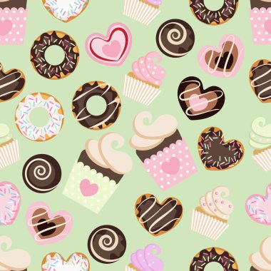 Tatlı kalplerin, çöreklerin, keklerin, keklerin kusursuz deseni. Düz desenli, narin renkler, fıstıklı arka plan. Şekerci dükkanının şekeri..