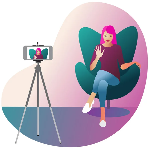 Gyönyörű Lány Blogger Csinál Egy Videót Egy Okostelefon — Stock Vector