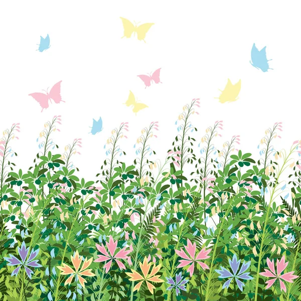 Egy Zökkenőmentes Vízszintes Minta Vadvirágok Alkotnak Virágzó Rét Lengő Pillangók — Stock Vector