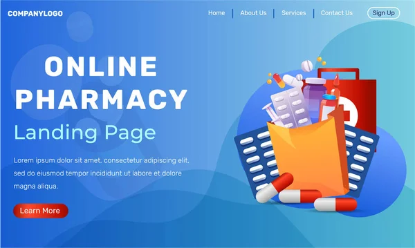 Farmacia Online Landing Page Concept Design Illustrazione Vettoriale Piatta Con — Vettoriale Stock