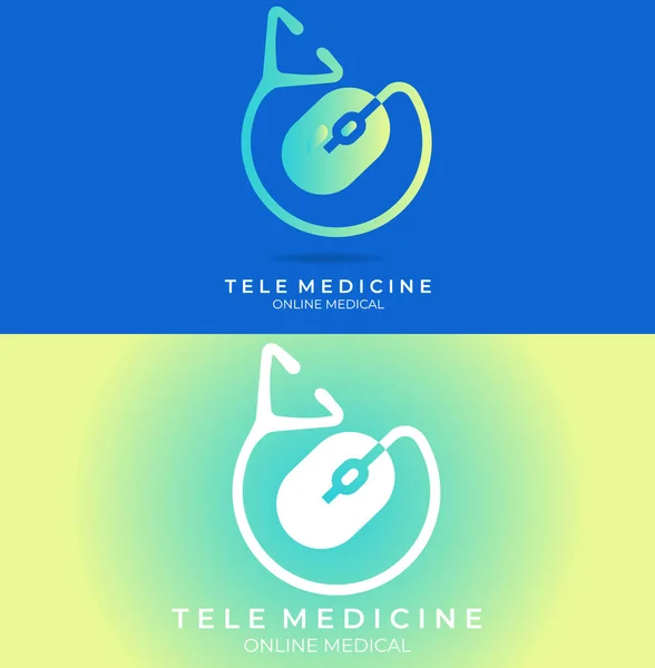Doktor çevrimiçi sanal servis logosu tasarım vektörü. Çevrimiçi internet tarayıcısı PC Mouse illüstrasyon sembolü için danışmanlık. Tele tıp hizmeti vektör logosu. Stetoskop ve sinyal vektör simgeleri.