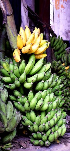 Selectieve Focus Fris Rijp Geel Groene Bananen Een Traditionele Supermarkt — Stockfoto