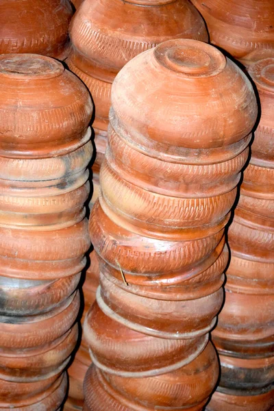 Traditional Handmade Clay Brown Cups Pots Plates Asian Local Market — стоковое фото