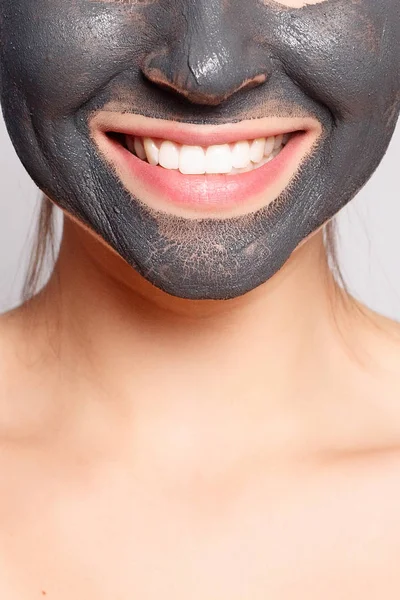 Woman Face Mask Portrait Beautiful Girl Removing Cosmetic Black Peeling — Stock Photo, Image