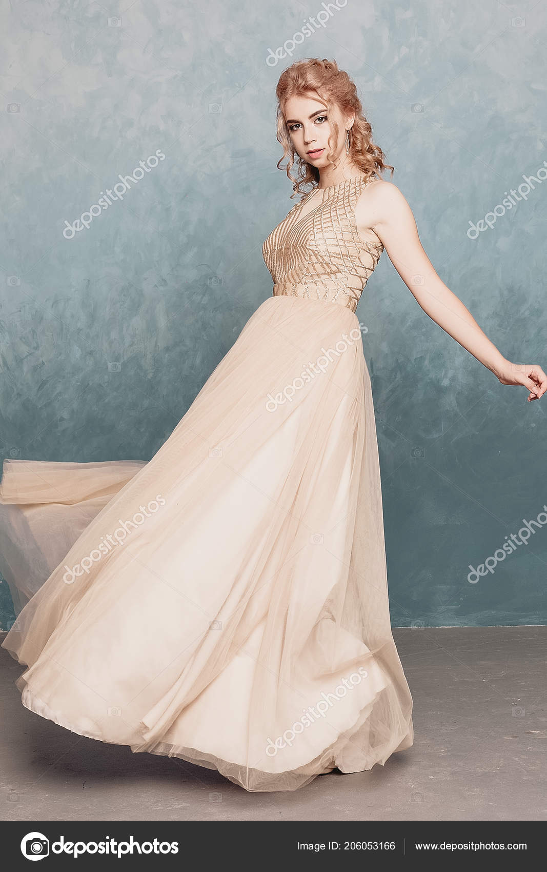 Fashion Model Beautiful Luxury Beige Flowing Chiffon Dress Woman
