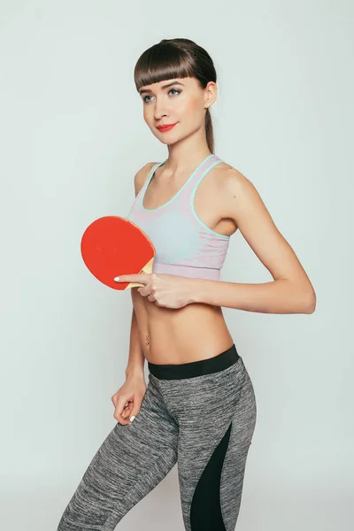 Gesundheit Menschen Sport Und Lifestylekonzept Junge Frau Mit Tischtennisschläger Und — Stockfoto