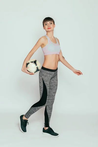 Gezondheid Mensen Sport Lifestyle Concept Jonge Sexy Meisje Met Voetbal — Stockfoto