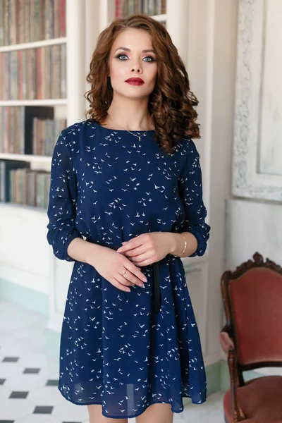Beautiful Pretty Girl Blue Sheath Cocktail Dress Posing Luxury Library — Stock Photo, Image