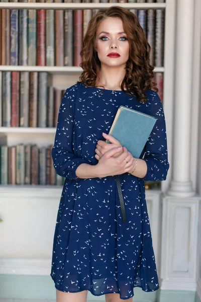 Beautiful Pretty Girl Blue Sheath Cocktail Dress Posing Luxury Library — Stock Photo, Image