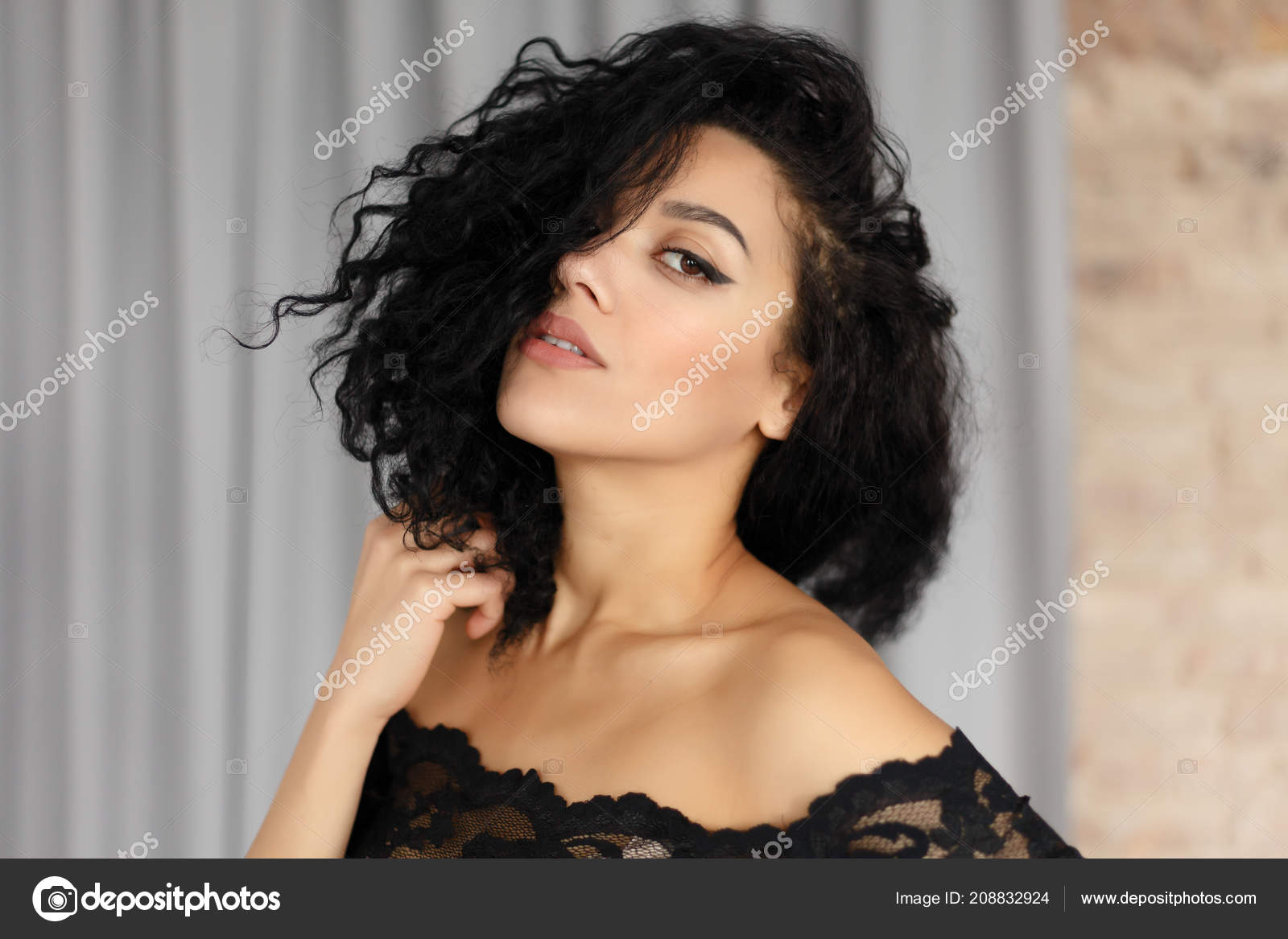 Happy Serene Young Woman Beautiful Olive Skin Curly Hair Ideal
