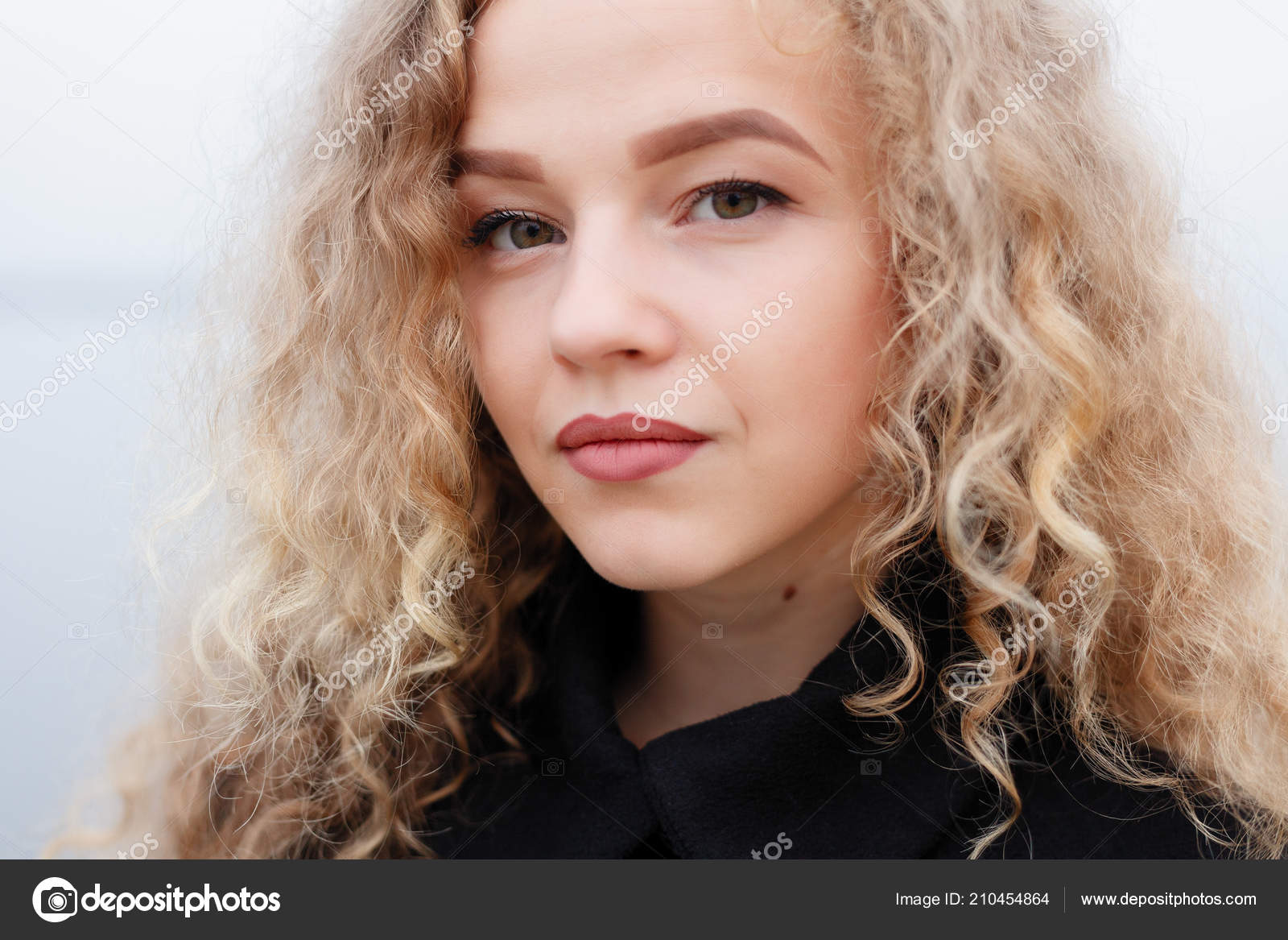 Beautiful Young Woman Curly Hair Green Eyes Girl Casual Clothes