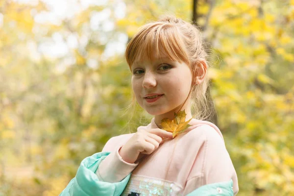 Childhood Season People Concept Happy Little Girl Fallen Maple Leaves — Stock Photo, Image