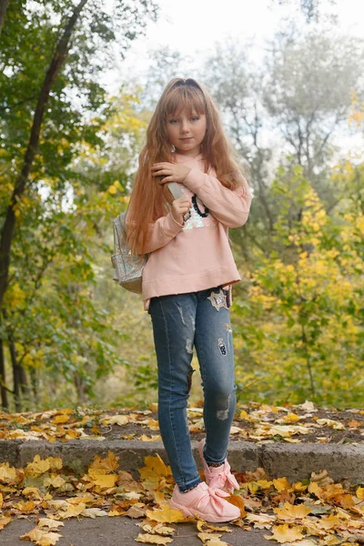 幼年期 季節および人々 のコンセプト 幸せ少女落ちたもみじ葉秋の公園で — ストック写真