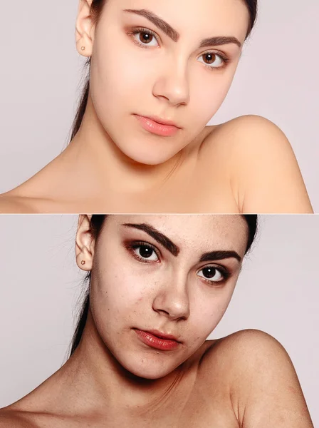 青年和美的概念 整容手术前后 年轻漂亮的女人肖像 化妆品或整形手术前后的抗衰老疗法 — 图库照片
