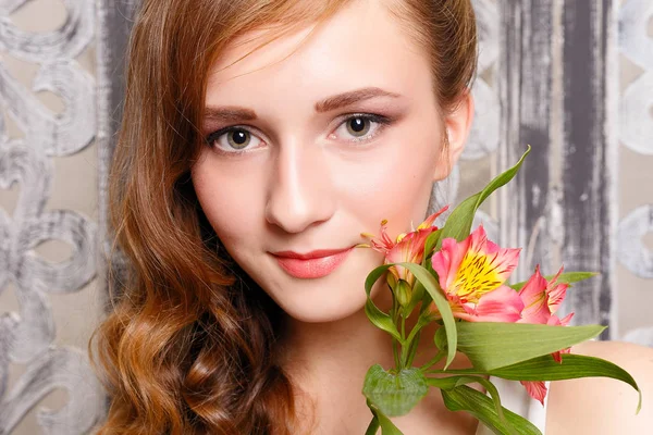 Young Beautiful Lady Flowers Grey Background Skin Care Concept Portrait Stock Photo