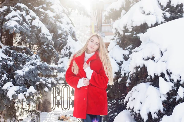 winter, fashion, people concept - fashion Portrait of a beautiful young woman walks around the city smiling red fur coat close-up snowflakes cold winter, breathe fresh air at frost winter day. sunset