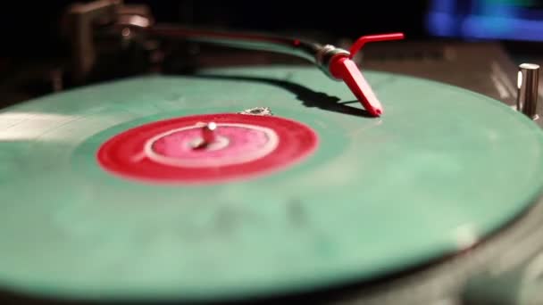 Spinning Mixing Scratching Night Club Macro Shot Turntable Cartridge Stylus — Stock Video