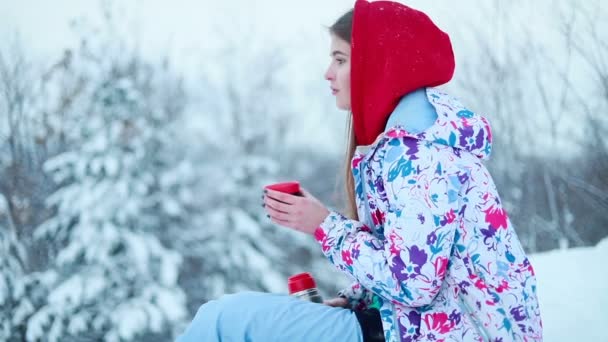 Lumi Talvi Urheilu Ihmiset Kauneus Konsepti Tyttö Kaataa Kuumaa Teetä — kuvapankkivideo