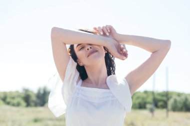 Çam ormanı içinde düğün yürüyüş. Güneşli gün.