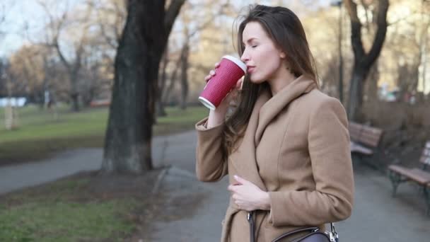 Koncepcja Drinków Ludzi Szczęśliwa Młoda Kobieta Lub Nastolatka Pijąca Kawę — Wideo stockowe