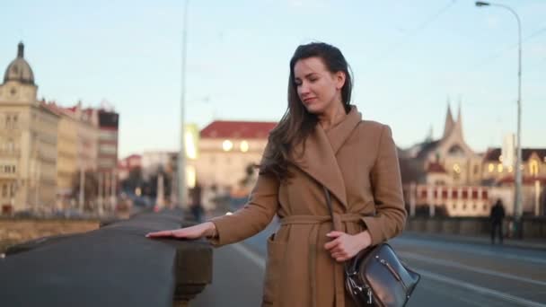 Ritratto Giovane Attraente Sorriso Donna Guardare Macchina Fotografica Centro Della — Video Stock