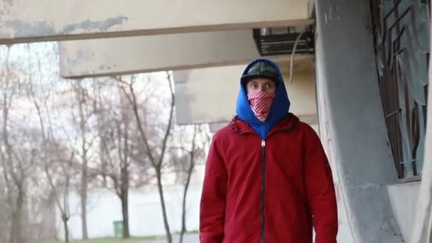 Anonymous Young Man Balaclava Standing Wall Holds Spray Paint Act — Stock Video