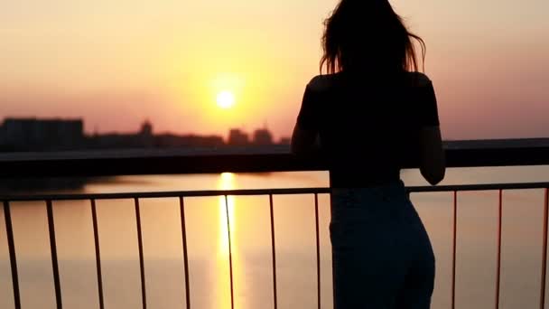 Portrait Une Belle Jeune Femme Sur Fond Coucher Soleil Ville — Video