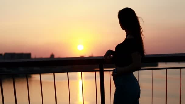 Portrait Une Belle Jeune Femme Sur Fond Coucher Soleil Ville — Video