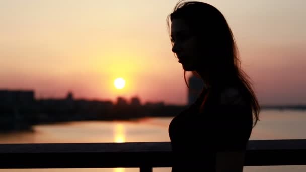 Portret Van Een Mooie Jonge Vrouw Tegen Achtergrond Van Zonsondergang — Stockvideo